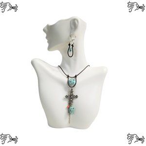 Rhinestone Cross Stone Choker Necklace & Earrings Brown Hand knotted Leather